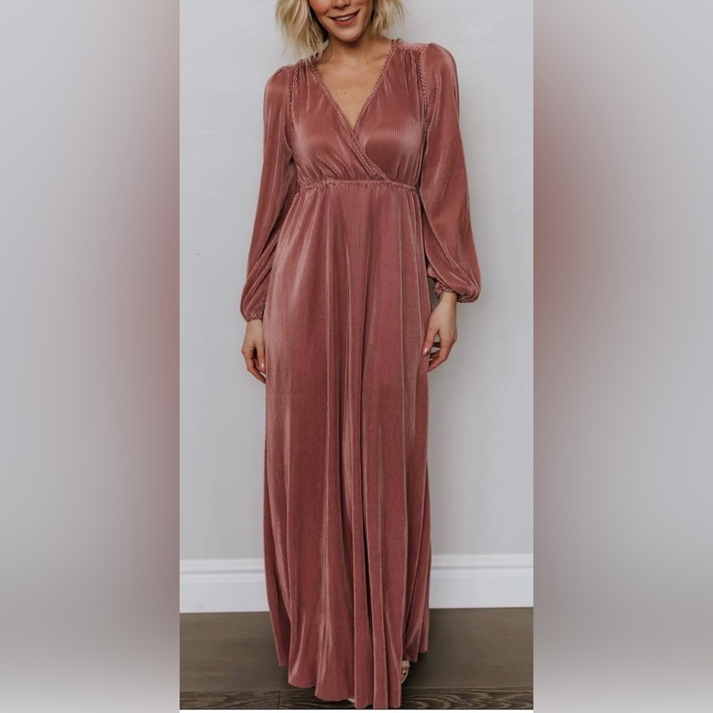 Baltic Born Venus Pink Accordion Pleated V Neck Long Sleeve Maxi Dress Size XS